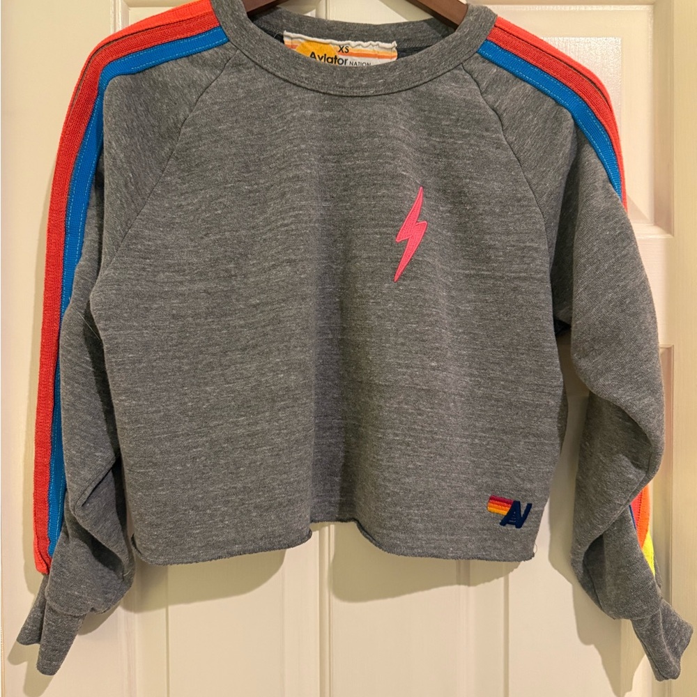 Aviator Nation Classic Stripe Cropped Relaxed Crew Sweatshirt